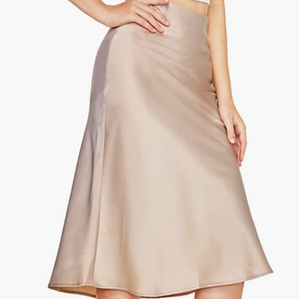 Women's tan silk satin midi skirt